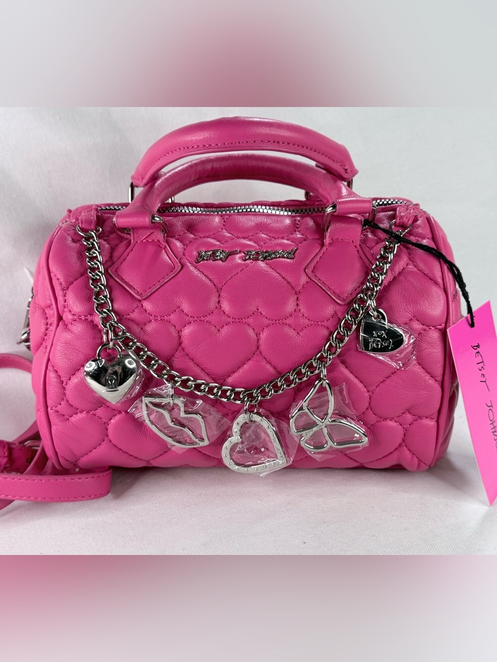 Betsey Johnson Hot Pink Quilted Heart Satchel/Crossbody with Charm Chain